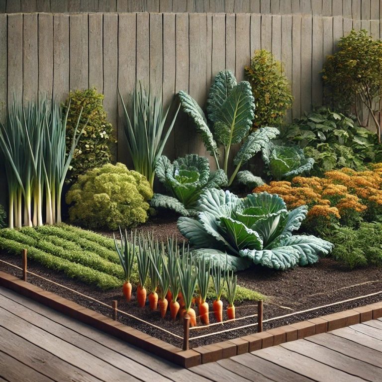 Jardin potager d'hiver avec légumes variés : choux, carottes, poireaux et salades.