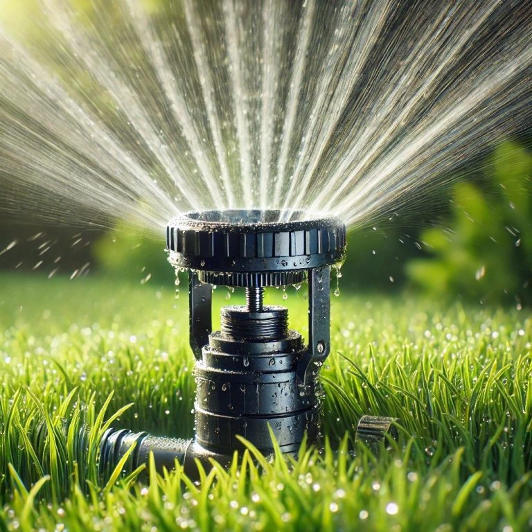 Système d'arrosage en fonctionnement, pulvérisant de l'eau sur une pelouse verte.